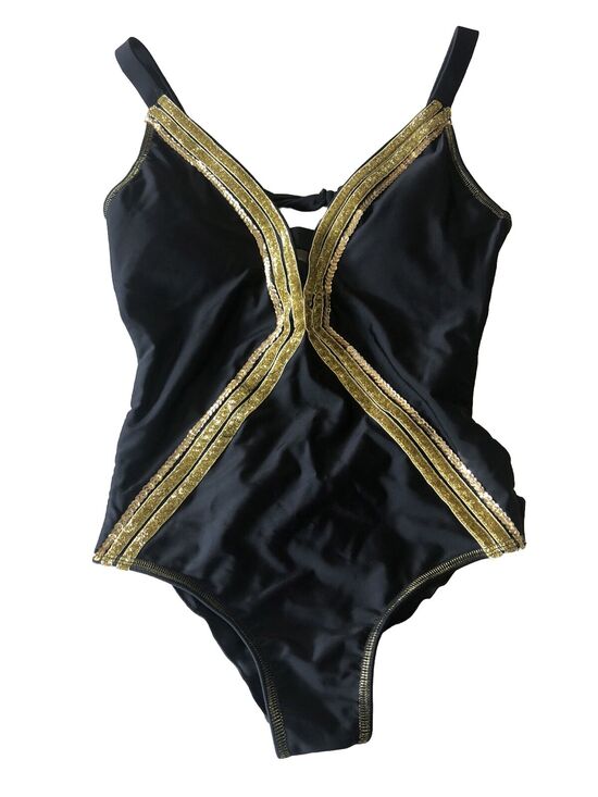 ANGEL GUARD Other - ADG Angel De La Guarda One Piece Plunge Black Gold Sequin Swimsuit Shimmer Sz M